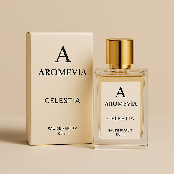 Aromevia Celestia perfume bottle and packaging on a beige background