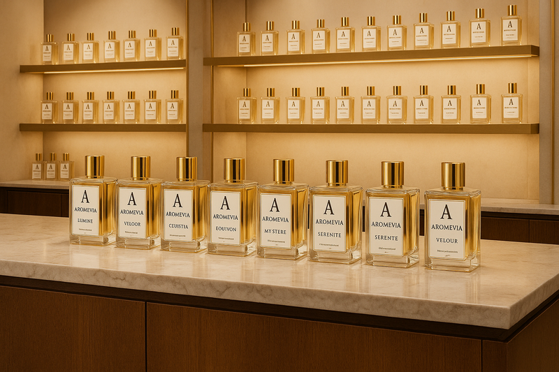 Row of Aromevia perfume bottles on a counter with shelves displaying more bottles in the background.