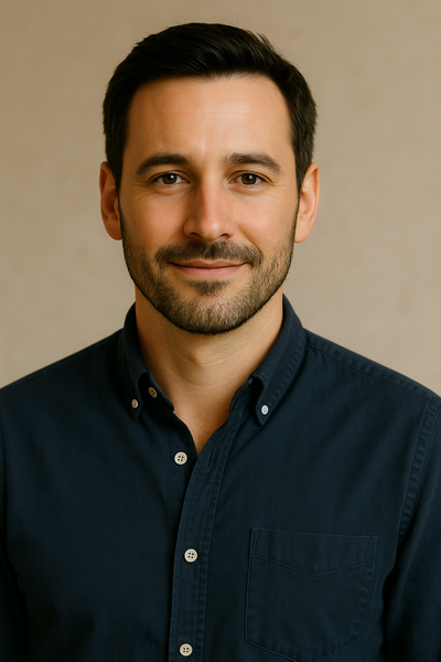 Man wearing a dark blue shirt against a beige background