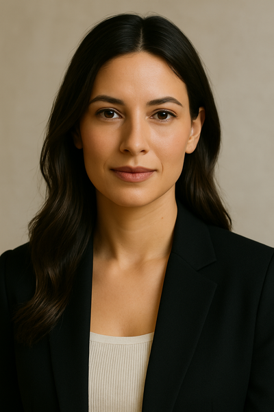 Woman wearing a black blazer over a white top against a neutral background