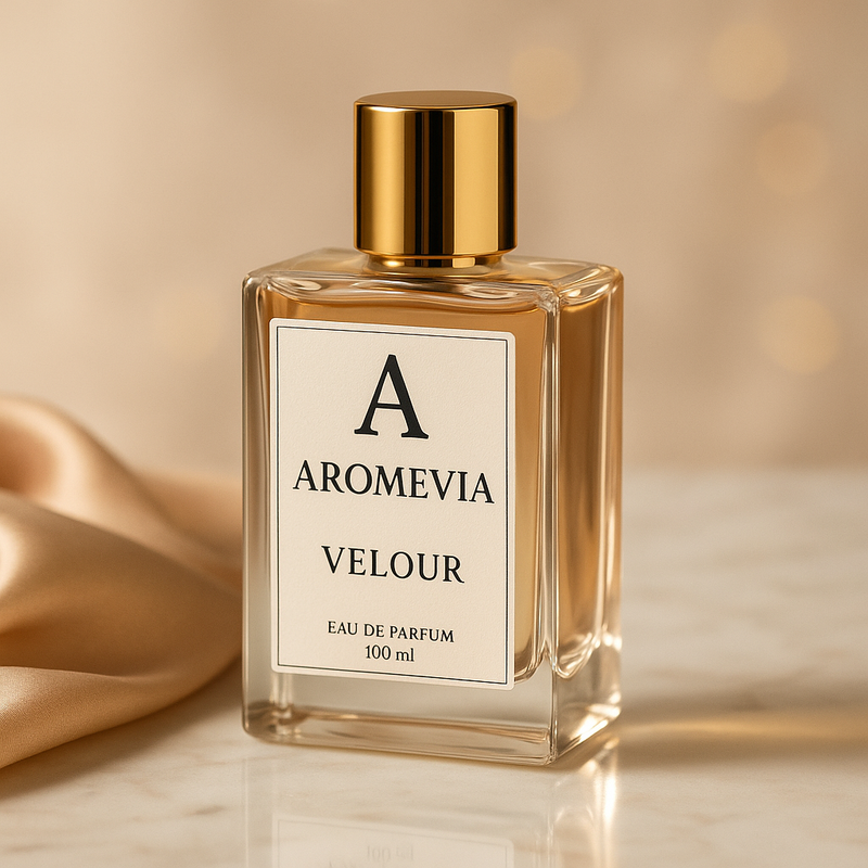 Aromevia Velour perfume bottle on a reflective surface with a blurred background