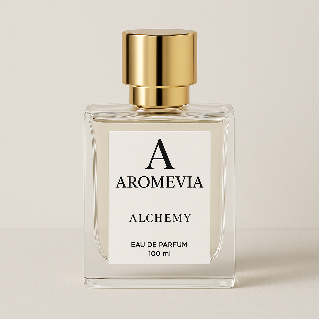 Aromevia Alchemy perfume bottle with gold cap on a beige background