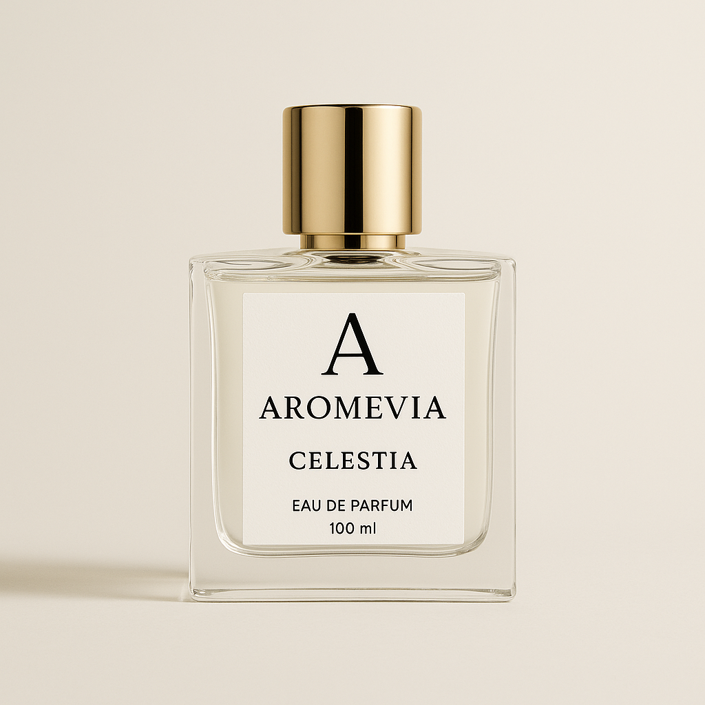 Aromevia Celestia eau de parfum bottle on a beige background
