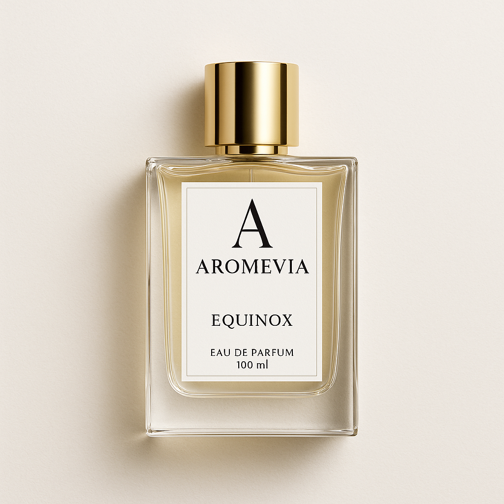 Aromevia Equinox eau de parfum bottle on a beige background