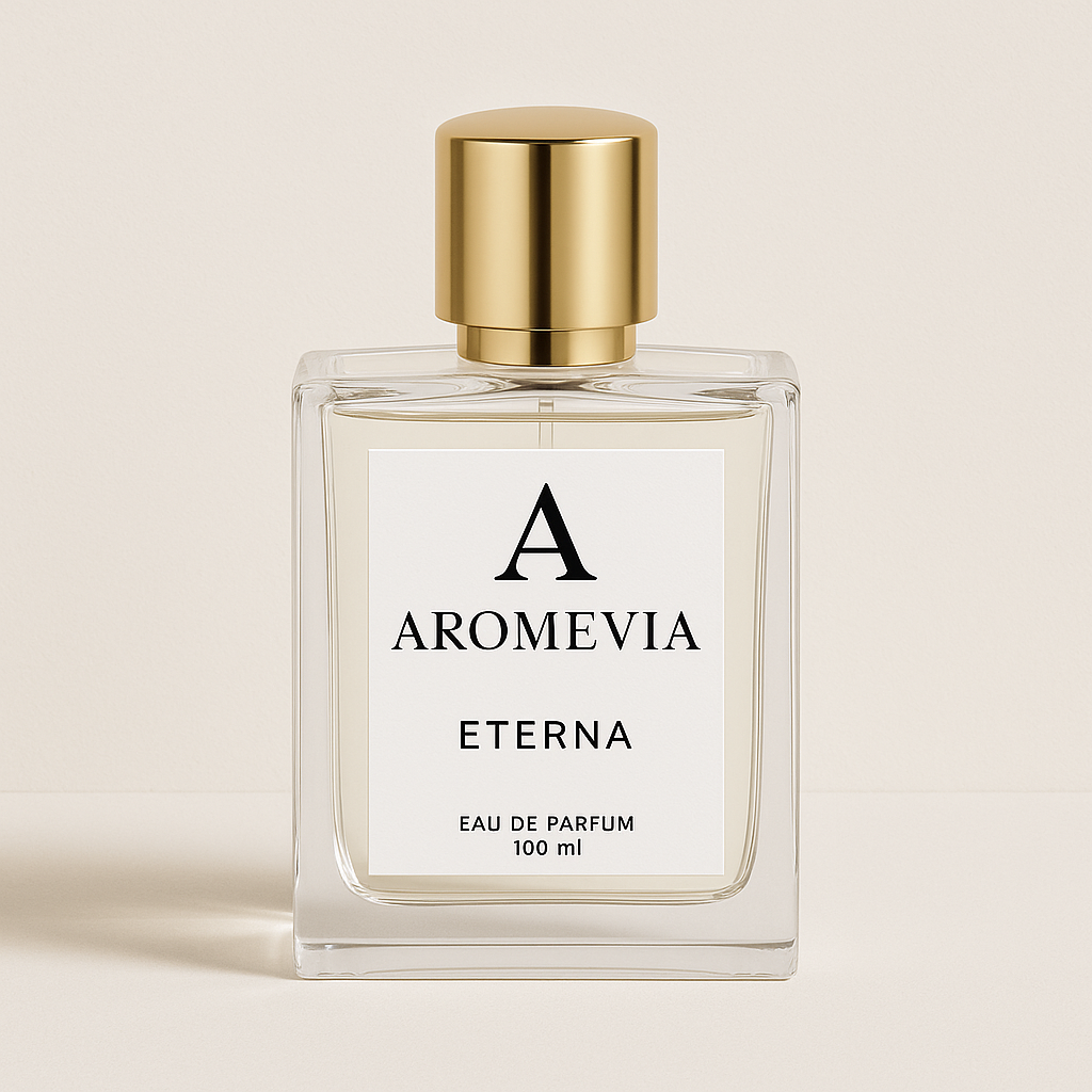 Aromevia Eterna perfume bottle with gold cap on a beige background