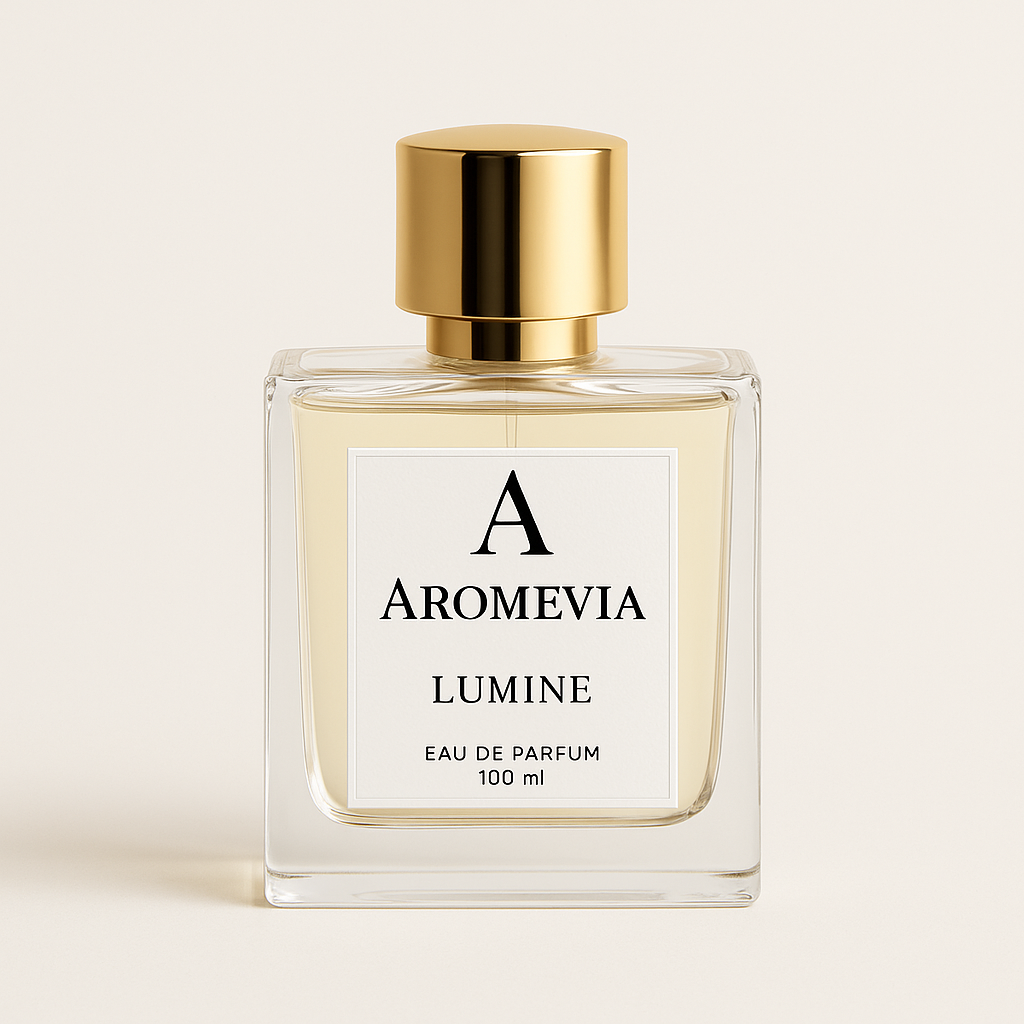 Perfume bottle labeled 'Aromevia Lumine' with a gold cap on a light background