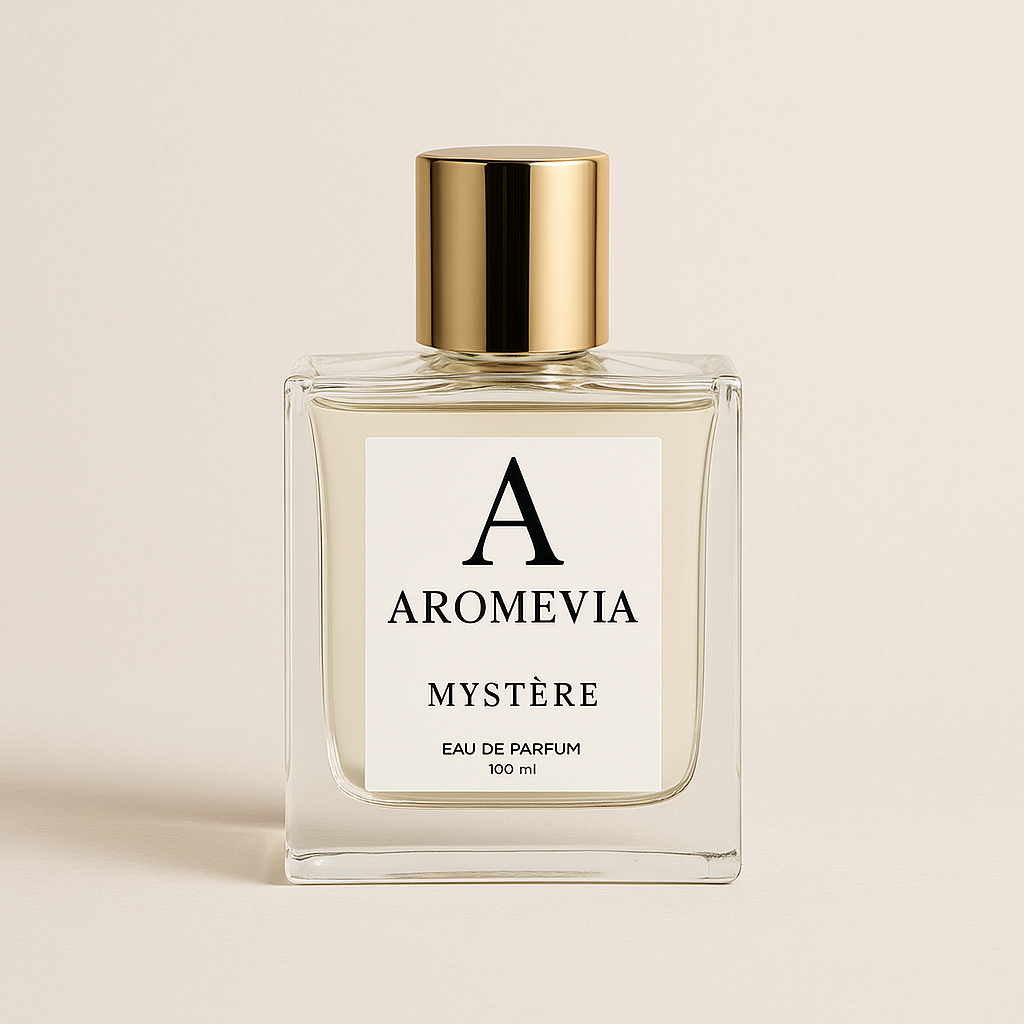 Aromevia Mystère perfume bottle on a beige background