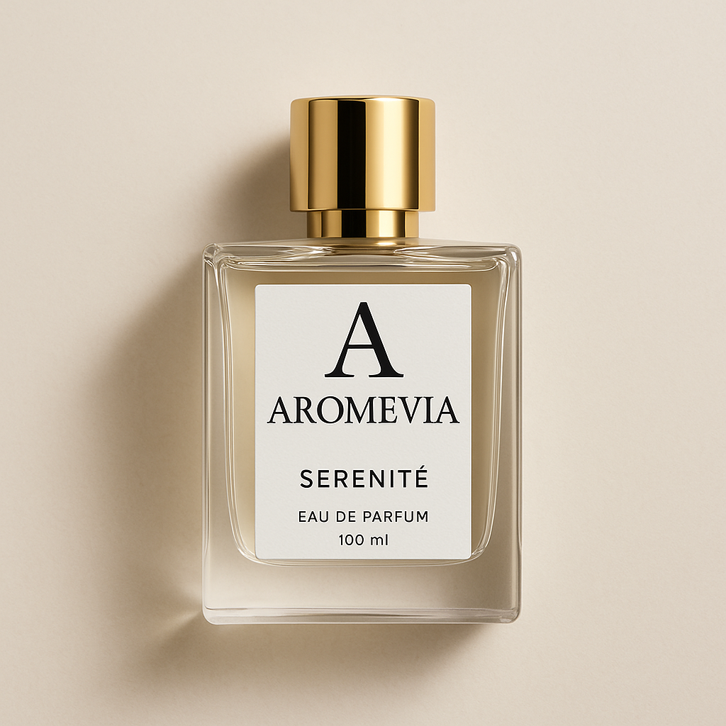 Aromevia Serenite perfume bottle on a beige background