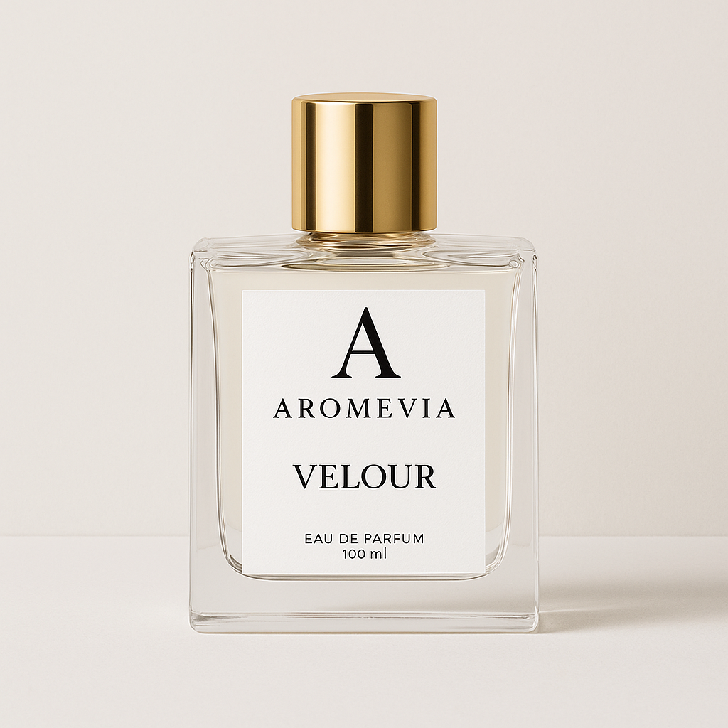 Aromevia Velour perfume bottle with gold cap on a light background